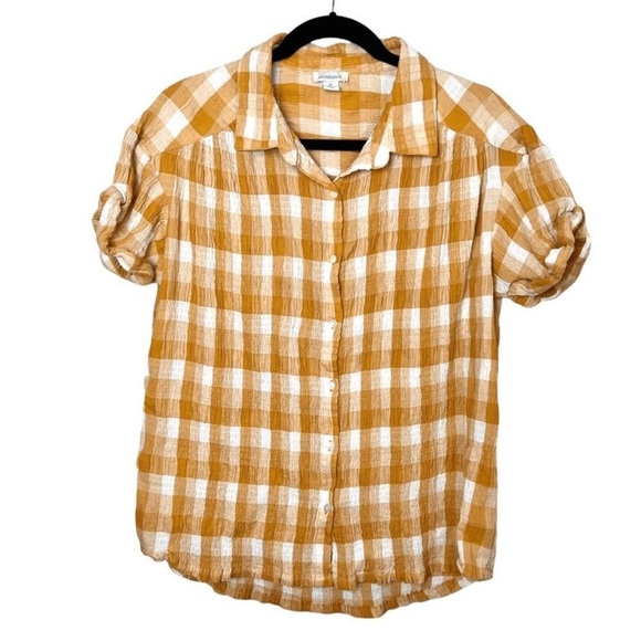 Sundance Lorna gauze short sleeve button up blouse, yellow check print, Large - Picture 2 of 7